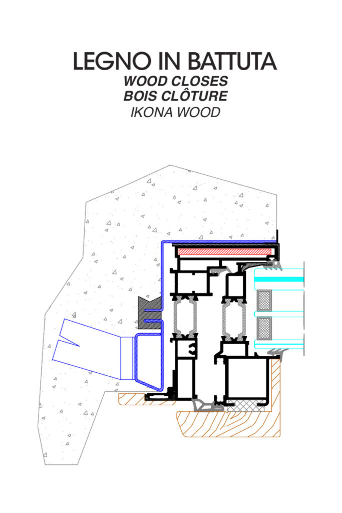 Disegno tecnico del fissaggio in legno in battuta del serramento blindato Ikona Wood.